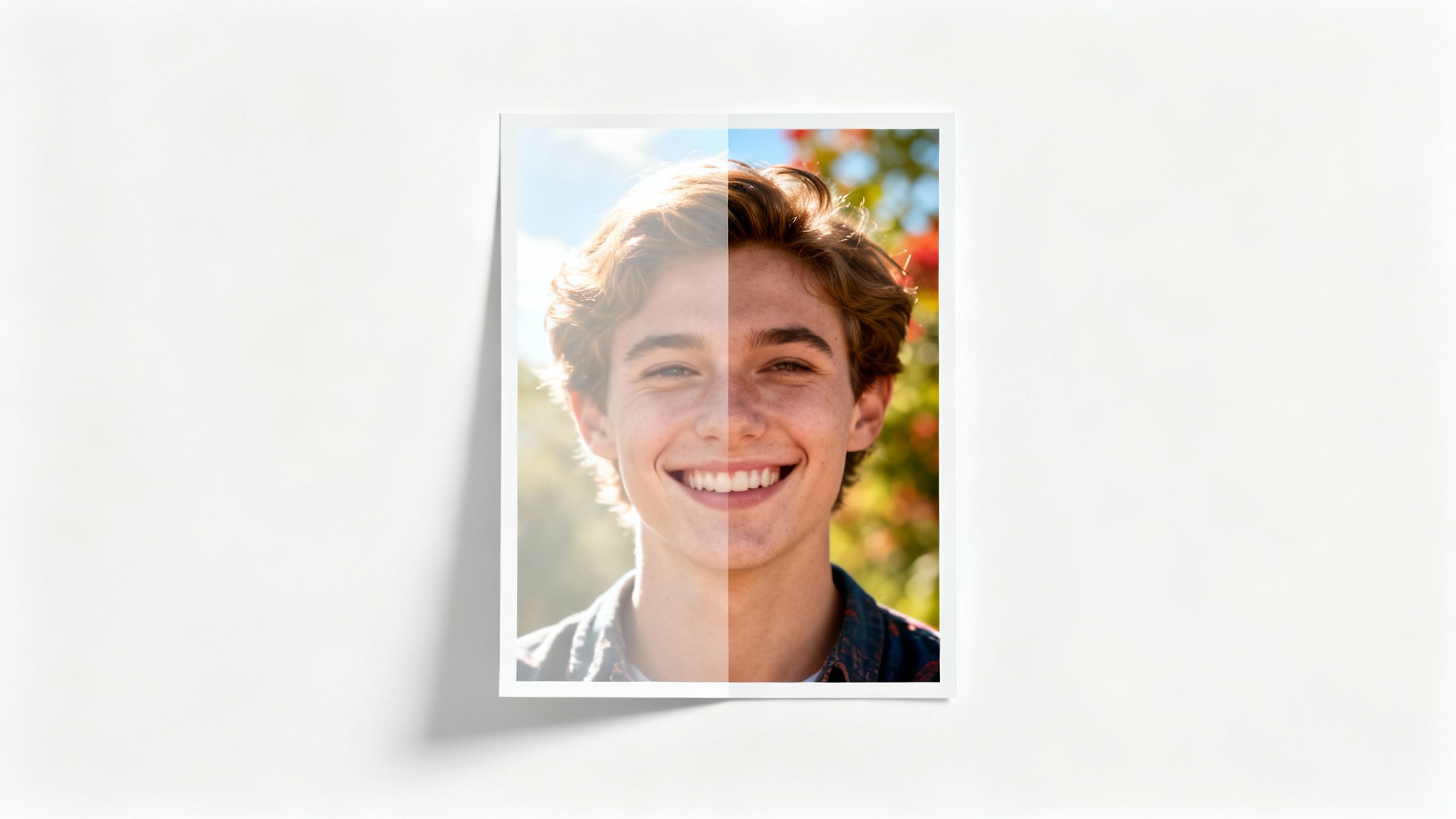 A before-and-after image demonstrating photo correction. The left half shows an overexposed portrait that is washed out, while the right half shows the same portrait perfectly balanced with rich colors and clear details.