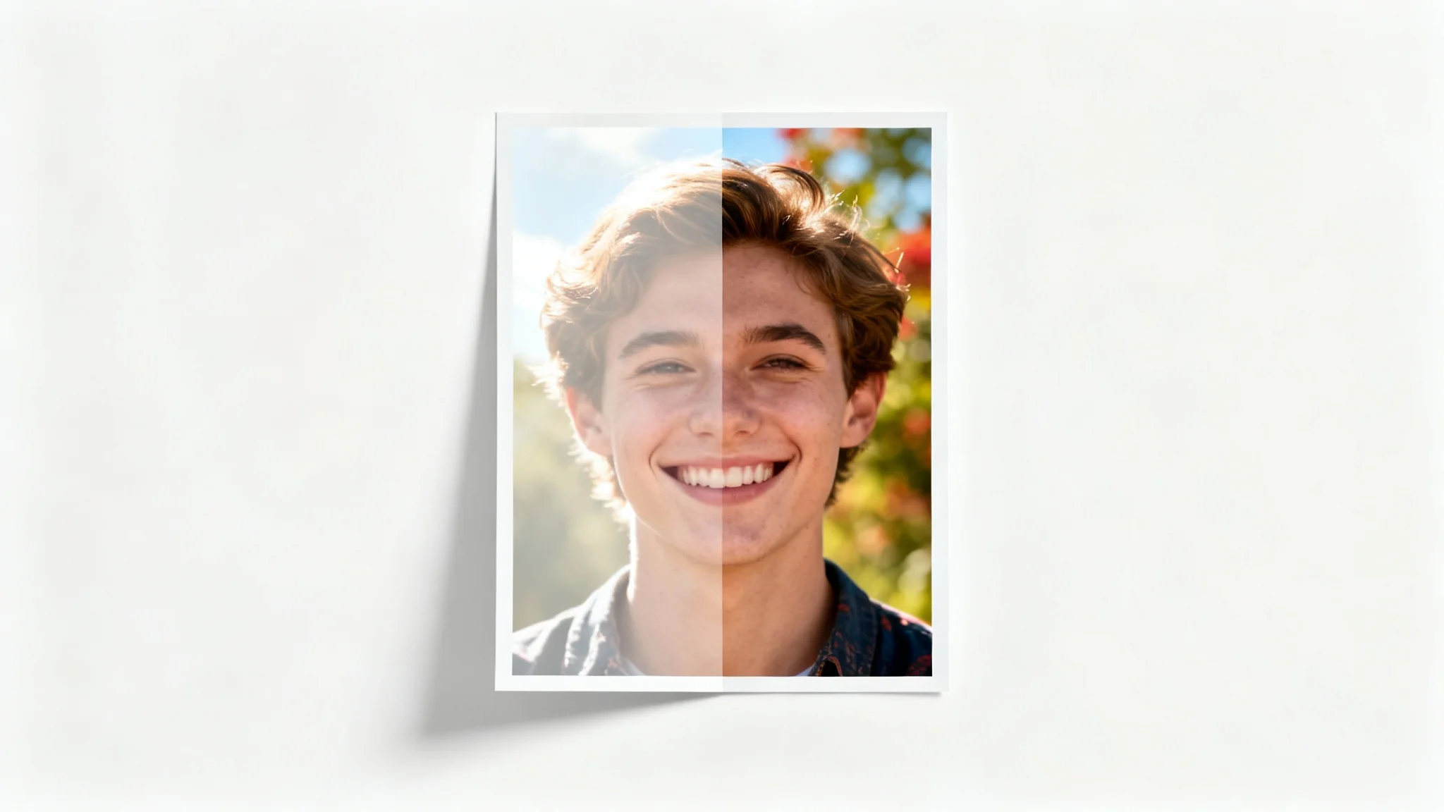 A before-and-after image demonstrating photo correction. The left half shows an overexposed portrait that is washed out, while the right half shows the same portrait perfectly balanced with rich colors and clear details.