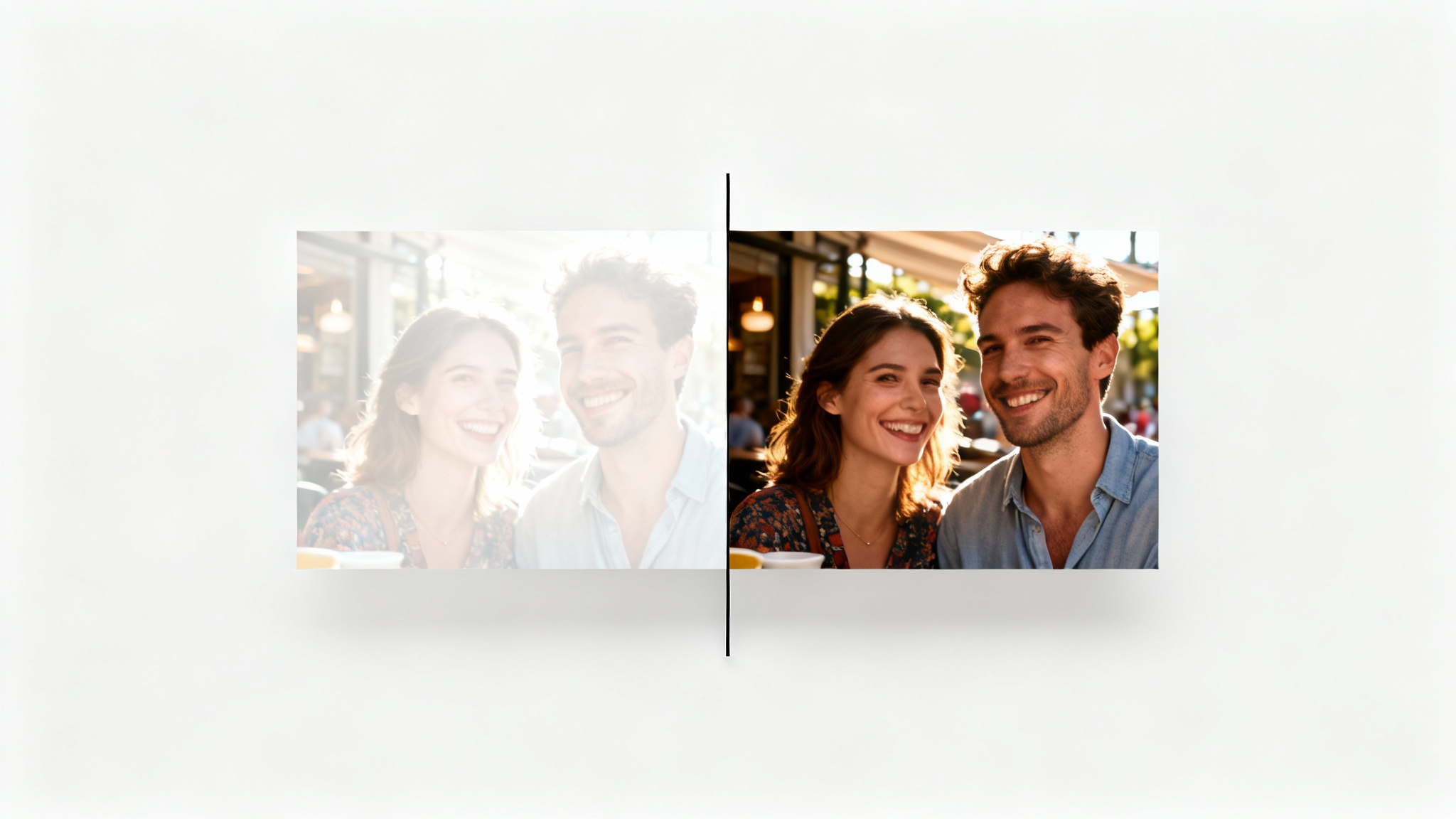 A before-and-after image demonstrating overexposure correction. The left half shows a washed-out, overly bright photo of a couple, while the right half shows the same photo with balanced colors and sharp details.