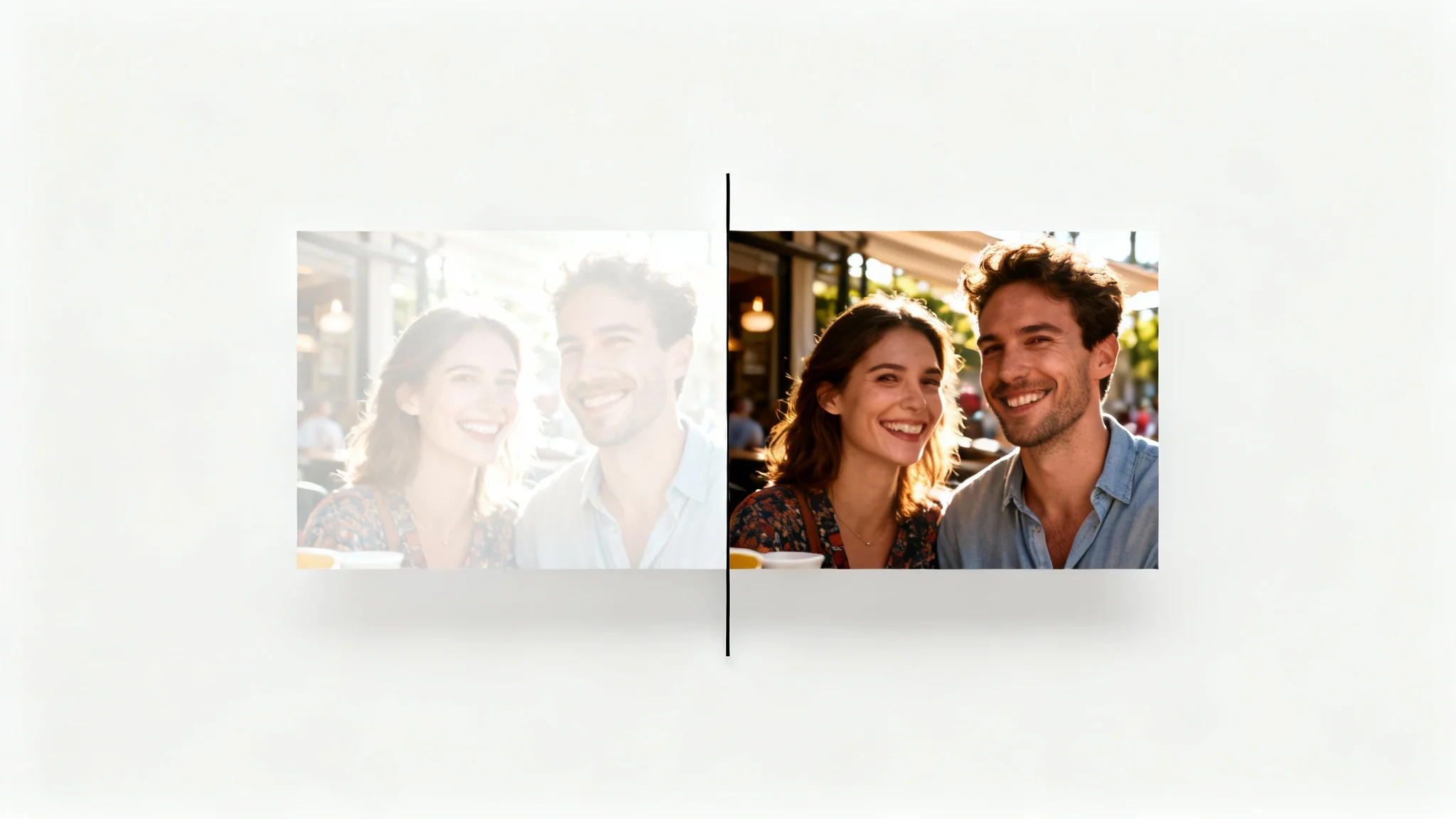 A before-and-after image demonstrating overexposure correction. The left half shows a washed-out, overly bright photo of a couple, while the right half shows the same photo with balanced colors and sharp details.