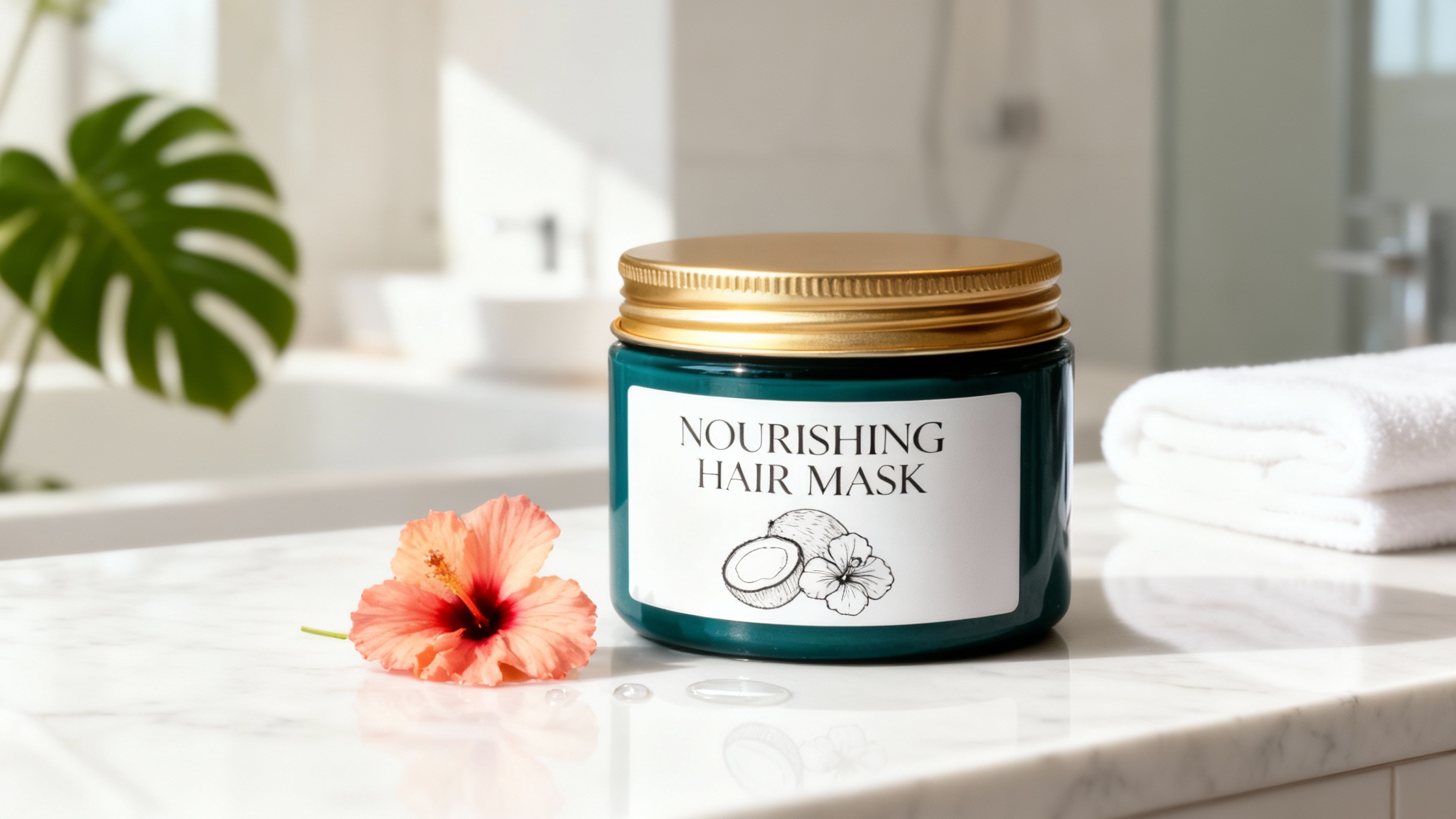 A professional product mockup showing a teal hair mask jar with a gold lid sitting on a white marble bathroom counter, with a hibiscus flower and water droplets nearby.