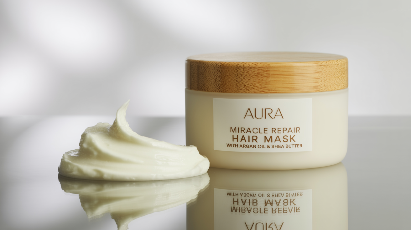 A minimalist mockup of an Aura Miracle Repair hair mask, showing a matte white jar with a bamboo lid next to a perfect swirl of the creamy product, all on a clean white background.