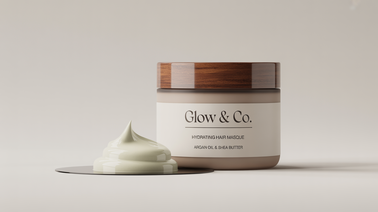 A product mockup of a hair mask in a minimalist matte white jar with a wooden lid, labeled 'GLOW & CO. Hydrating Hair Masque'. A dollop of the creamy product is shown next to it on a clean white background.