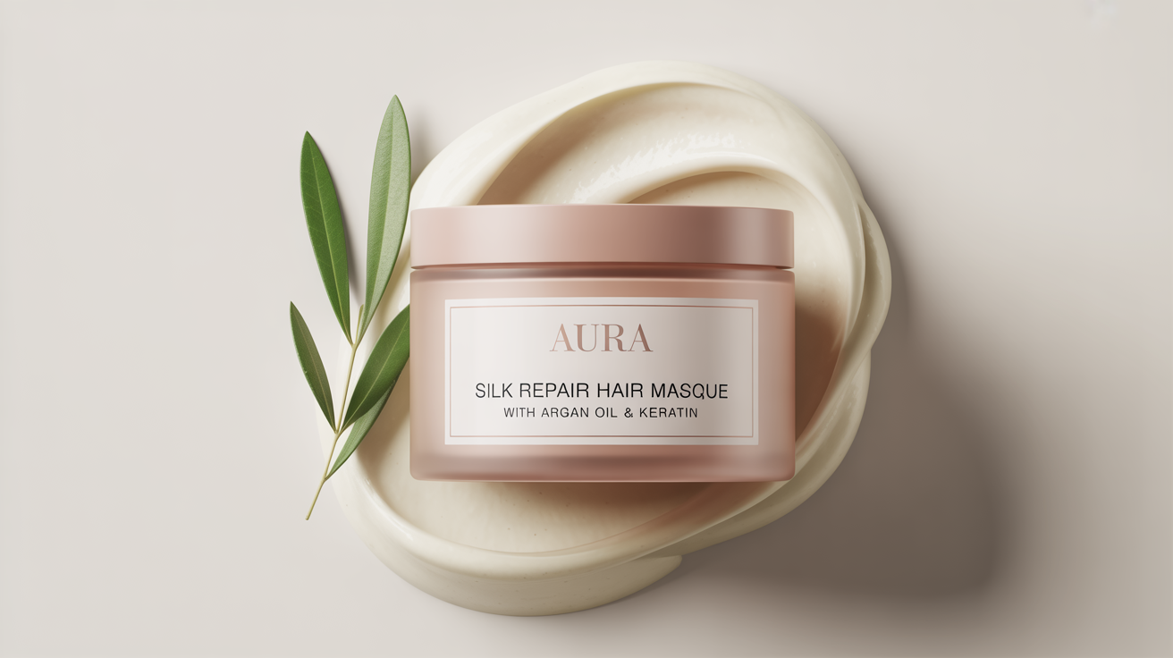 A luxurious hair mask mockup in a soft pink frosted glass jar with the brand 'AURA' and 'Silk Repair Hair Masque' on the label, set against a clean white background with a smear of cream and a green leaf.