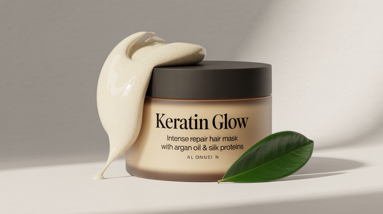 A product mockup of a Keratin Glow hair mask in a frosted glass jar with a black lid, shown on a white background with a sample of the cream.