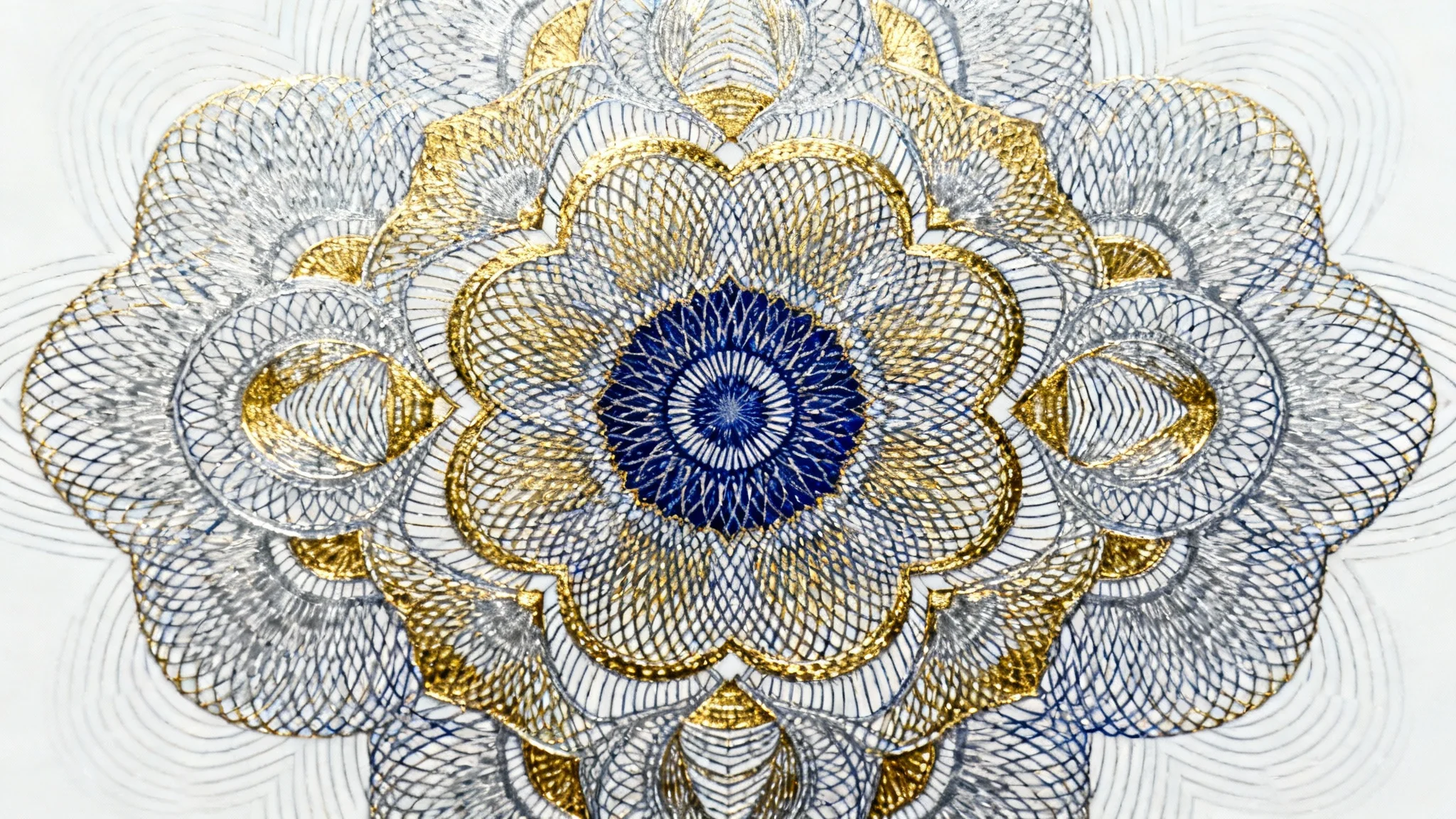 A detailed, close-up image of an elegant and complex guilloche pattern with interwoven metallic gold, silver, and blue lines on a clean white background.