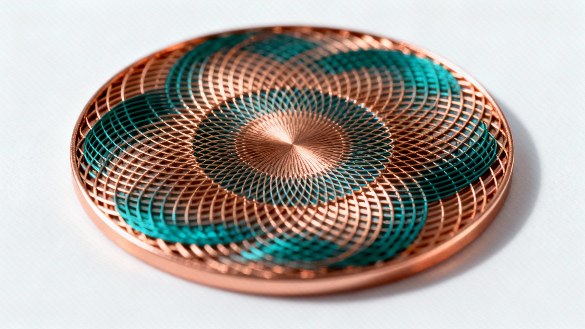 A hyper-detailed macro shot of a circular guilloche pattern with intricate, interwoven lines in metallic copper and teal, isolated on a plain white background.
