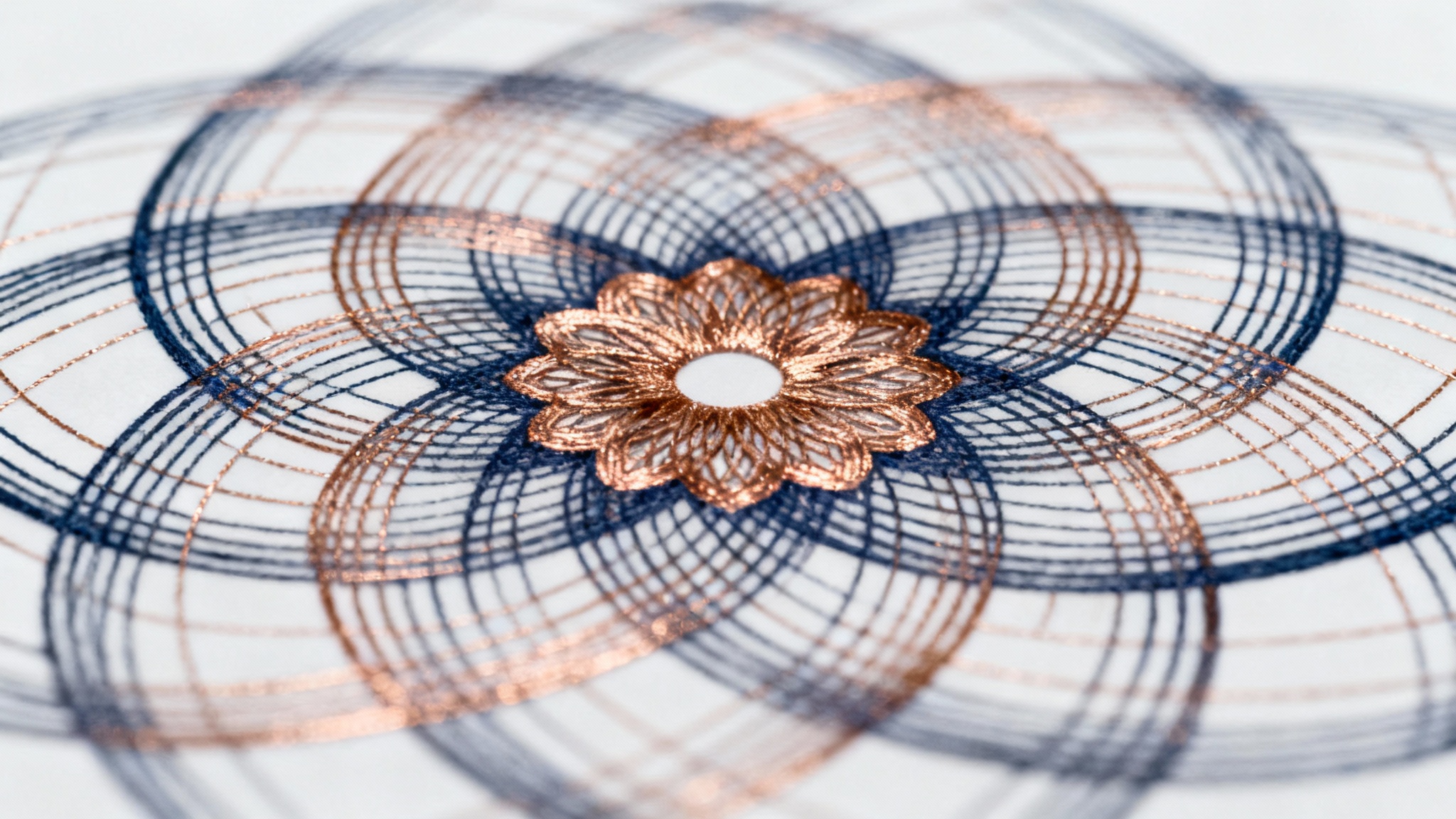 A hyper-detailed, centered image of a complex guilloche pattern featuring interwoven metallic copper and navy blue lines, set against a stark white background to emphasize its intricate design.