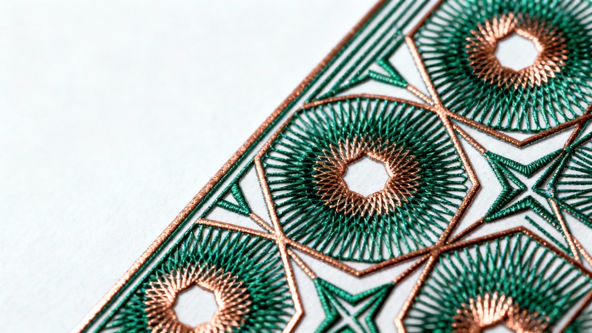 An intricate guilloche pattern in emerald green and copper, featuring complex, interwoven geometric lines, presented as a high-quality mockup on a plain white background.