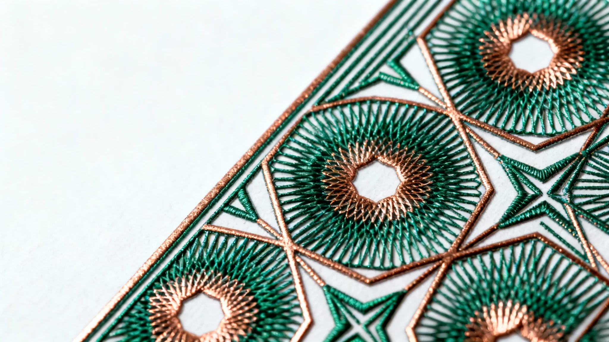 An intricate guilloche pattern in emerald green and copper, featuring complex, interwoven geometric lines, presented as a high-quality mockup on a plain white background.