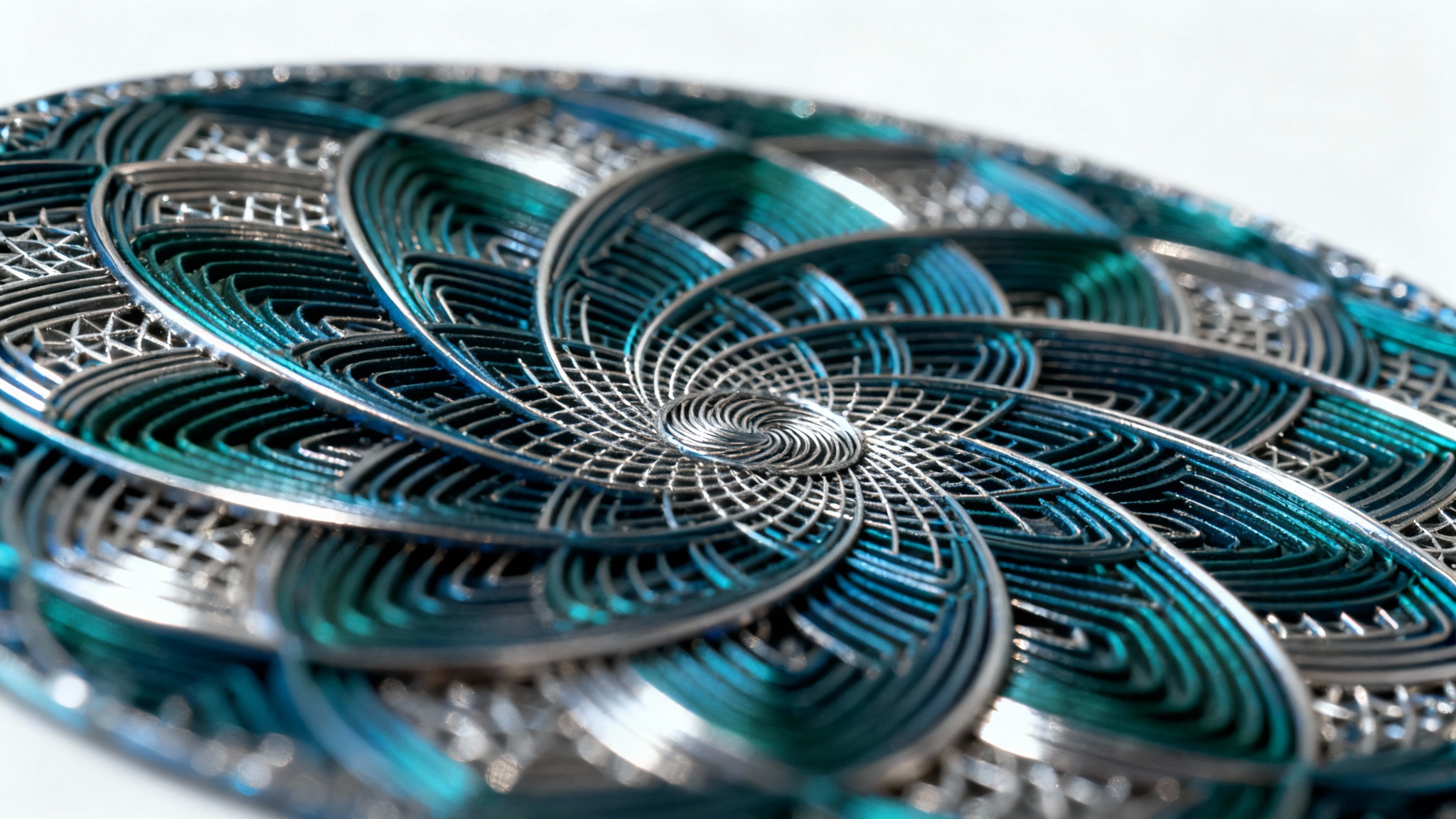 A close-up of a complex circular guilloche pattern in shades of steel blue and teal, set against a plain white background, showcasing its intricate and precise geometric lines.