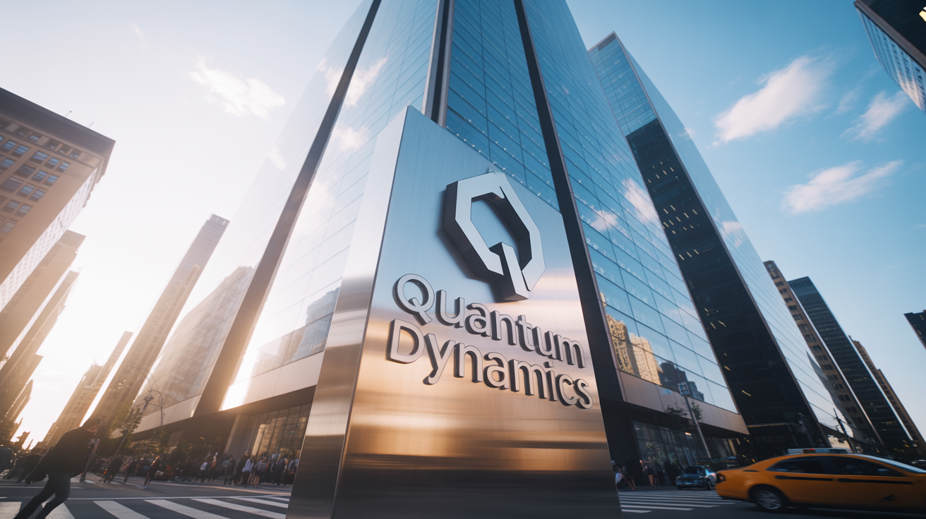 A close-up, low-angle shot of a modern office building with a realistic 3D chrome logo for the fictional company 'Quantum Dynamics' mounted on the facade.