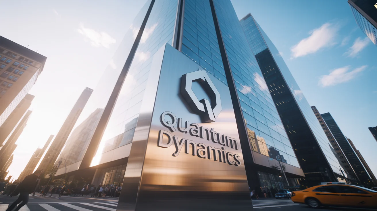 A close-up, low-angle shot of a modern office building with a realistic 3D chrome logo for the fictional company 'Quantum Dynamics' mounted on the facade.