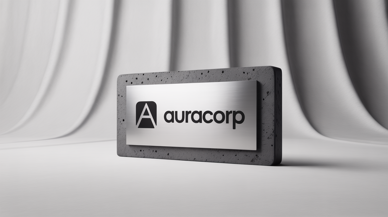 A professional mockup of the 'AuraCorp' logo in 3D brushed metal, displayed on a dark concrete slab against a clean white background, symbolizing a modern office building.