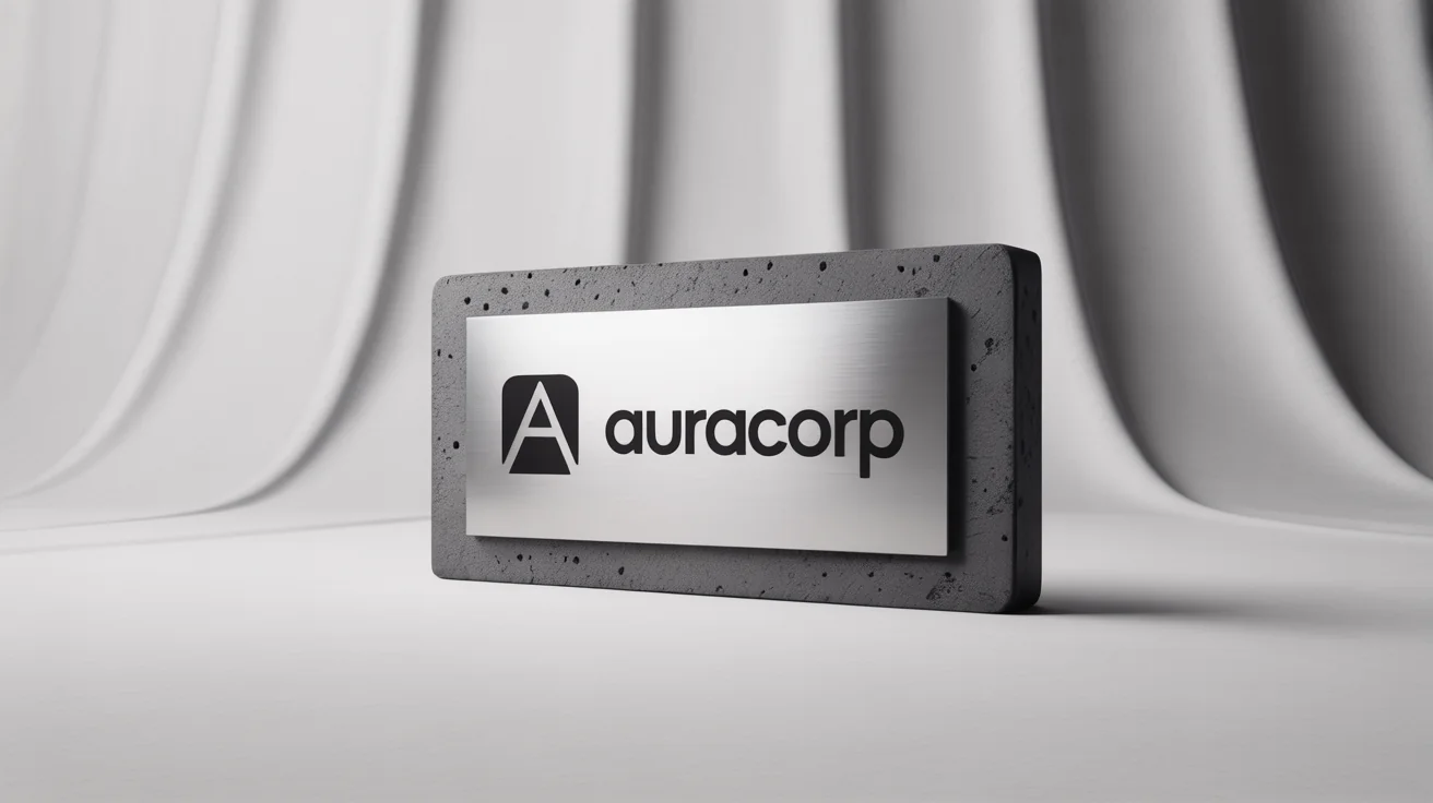 A professional mockup of the 'AuraCorp' logo in 3D brushed metal, displayed on a dark concrete slab against a clean white background, symbolizing a modern office building.