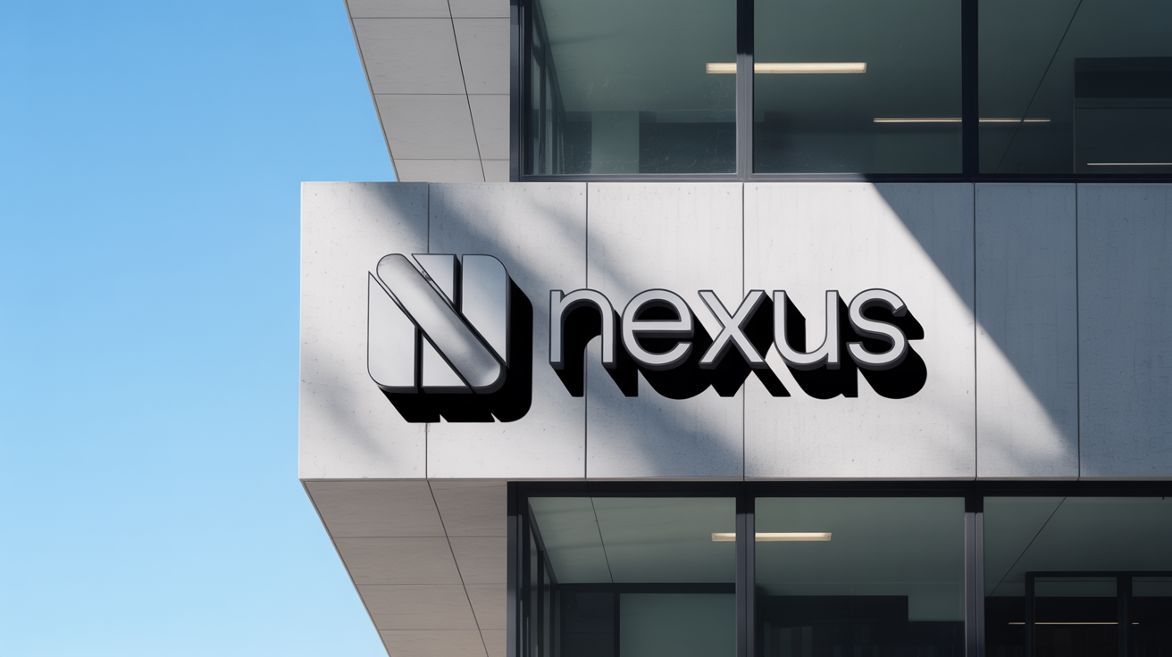 A photorealistic mockup of a modern office building featuring a 3D silver logo for the fictional company 'NEXUS' mounted on its concrete and glass facade, set against a plain white background.