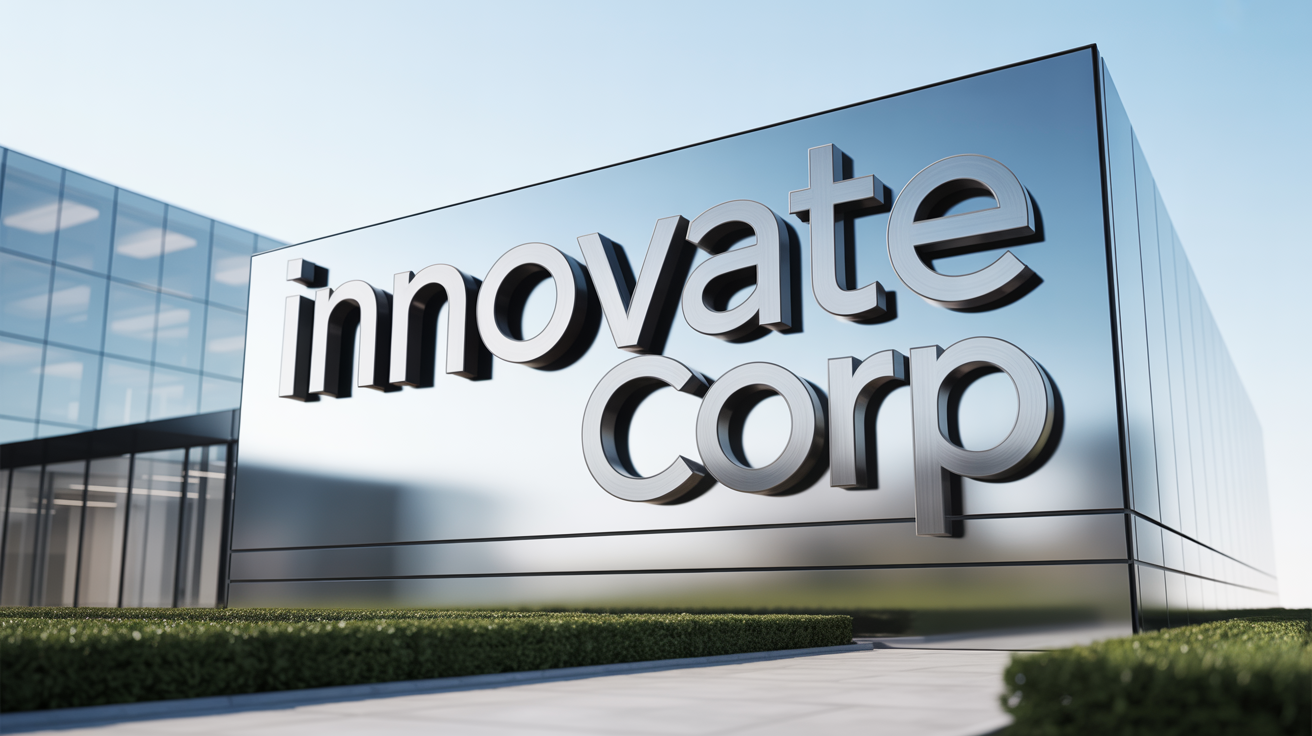 A modern office building with a glass and steel facade, showcasing a mockup of the "Innovate Corp" logo in brushed silver above the entrance, presented against a clean white background.