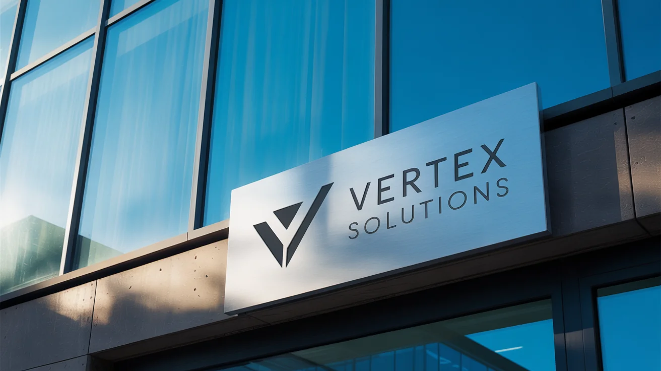 A photorealistic mockup of the 'Vertex Solutions' silver logo mounted on the modern concrete facade of an office building entrance.