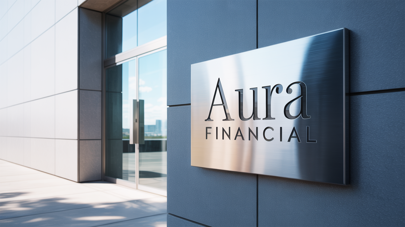 A professional mockup of the 'Aura Financial' logo in 3D brushed steel, mounted on the concrete wall of a modern office building entrance, set against a white background.