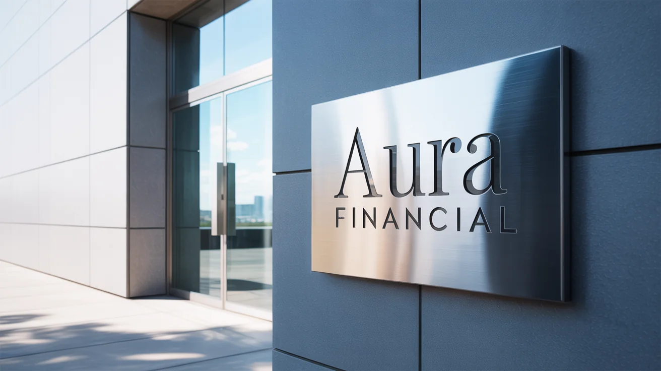 A professional mockup of the 'Aura Financial' logo in 3D brushed steel, mounted on the concrete wall of a modern office building entrance, set against a white background.
