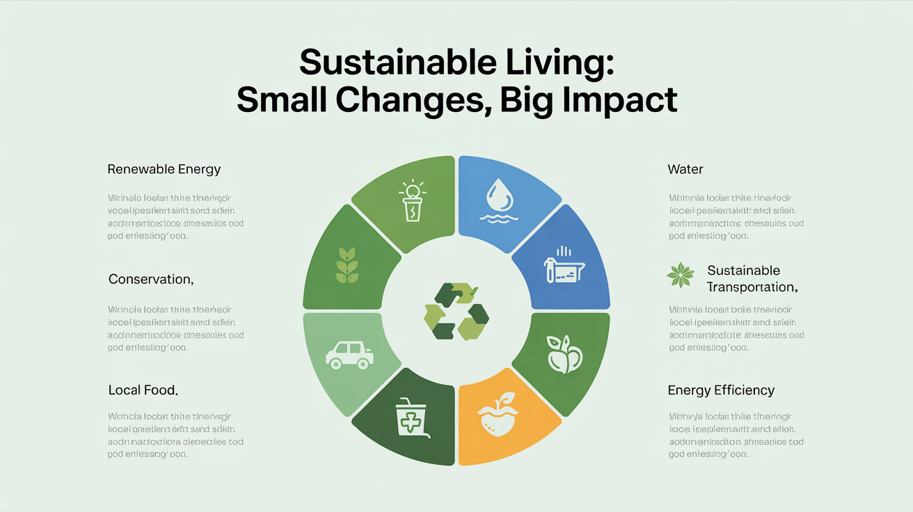 A final, polished sustainability infographic titled 'Sustainable Living: Small Changes, Big Impact'. It features a circular design with six icons for sustainability tips like renewable energy and recycling, presented in a clean, professional style.
