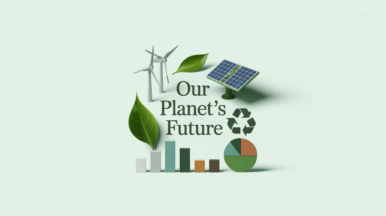 A mockup of a modern sustainability infographic on a white background, featuring icons for renewable energy and recycling, along with charts and the title 'Our Planet's Future'.