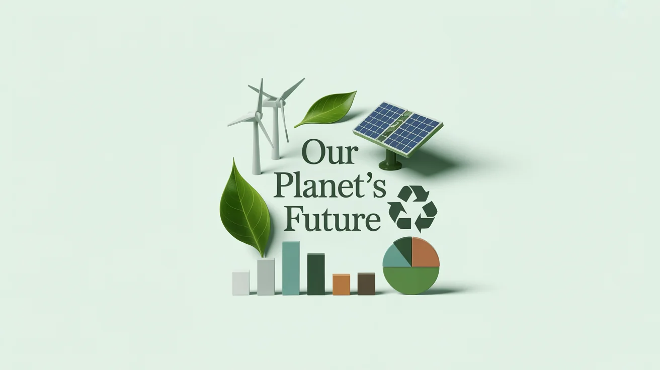 A mockup of a modern sustainability infographic on a white background, featuring icons for renewable energy and recycling, along with charts and the title 'Our Planet's Future'.
