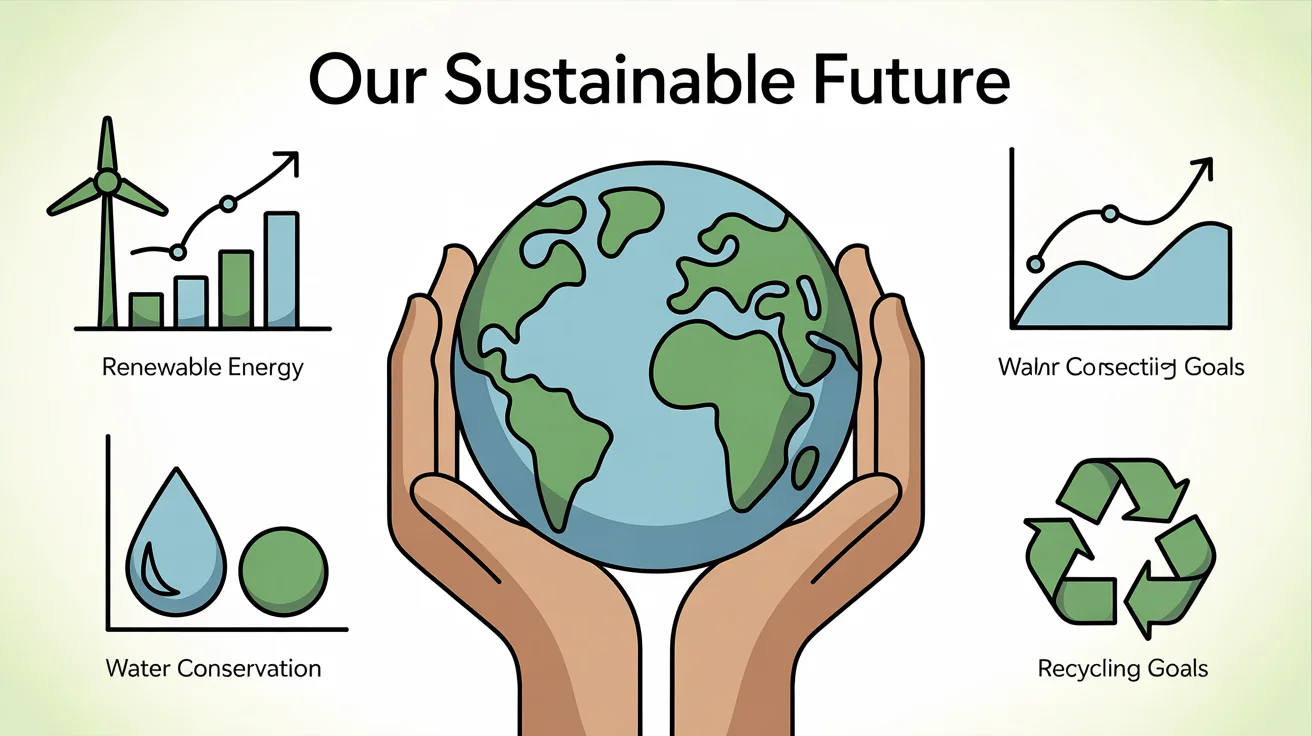 A modern, professional infographic about sustainability, showing a central image of the Earth in hands, surrounded by icons and charts representing renewable energy, water conservation, and recycling, with the title 'Our Sustainable Future'.