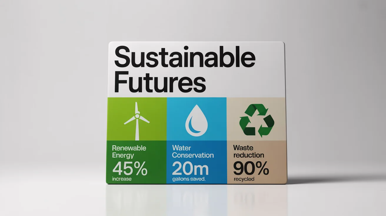 A clean, modern mockup of a sustainability infographic on a white background, featuring icons and statistics for renewable energy, water conservation, and waste reduction.