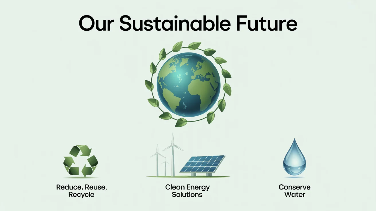 A modern sustainability infographic mockup showing planet Earth surrounded by icons for recycling, clean energy, and water conservation, with the title 'Our Sustainable Future'.
