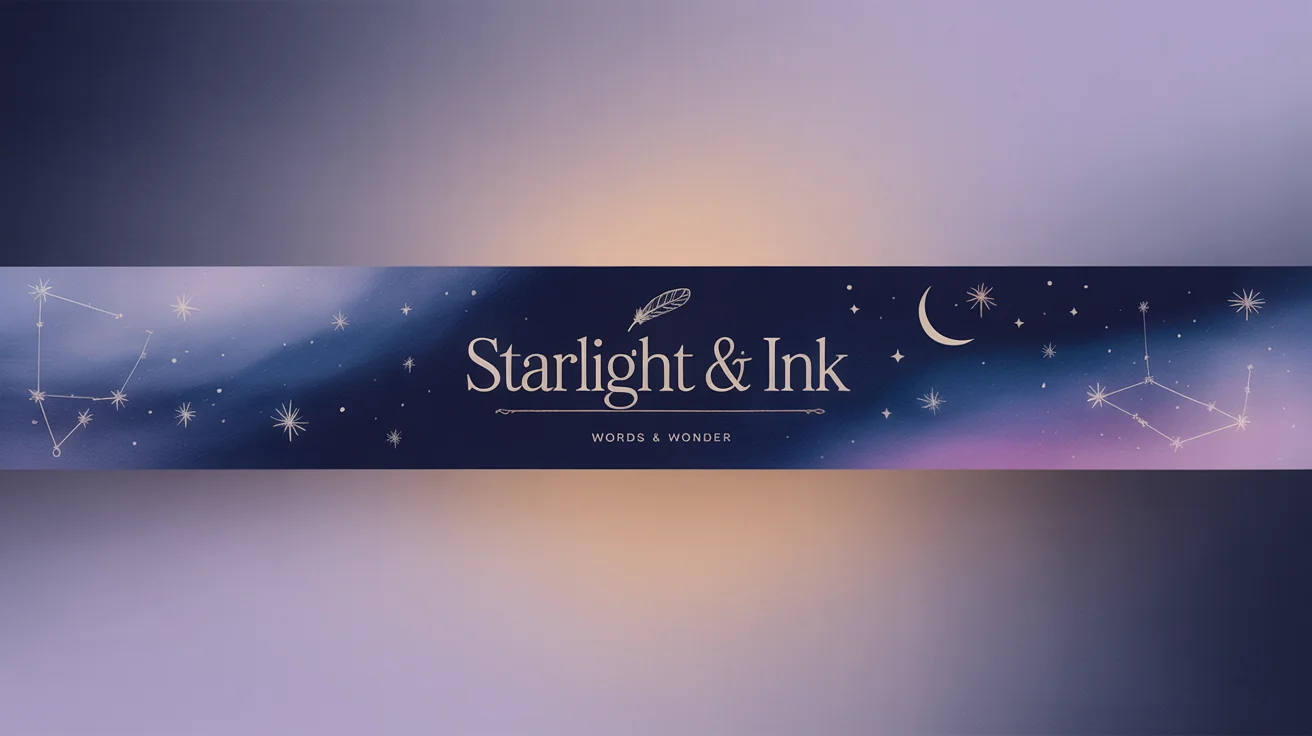 A professionally designed Tumblr banner for a creative blog named 'Starlight & Ink'. The banner has a celestial theme with gold text and illustrations on a dark blue and purple background, showing a final polished result.