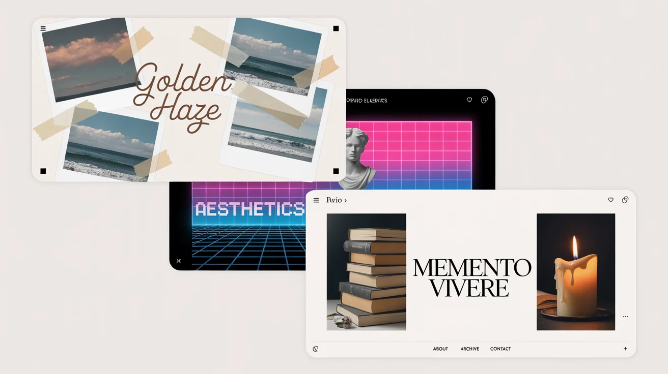 A creative mockup displaying three different styles of Tumblr banners on a white background. One is a dreamy collage, another has a vibrant vaporwave design, and the third features a dark academia theme with books and a candle.