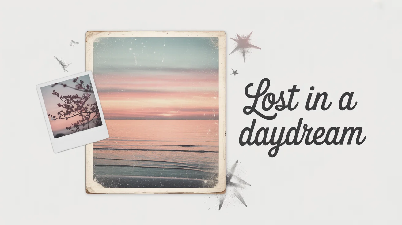 A long, horizontal Tumblr banner mockup featuring a dreamy collage of a pastel sunset and a cherry blossom polaroid, with the text 'Lost in a Daydream' in cursive.
