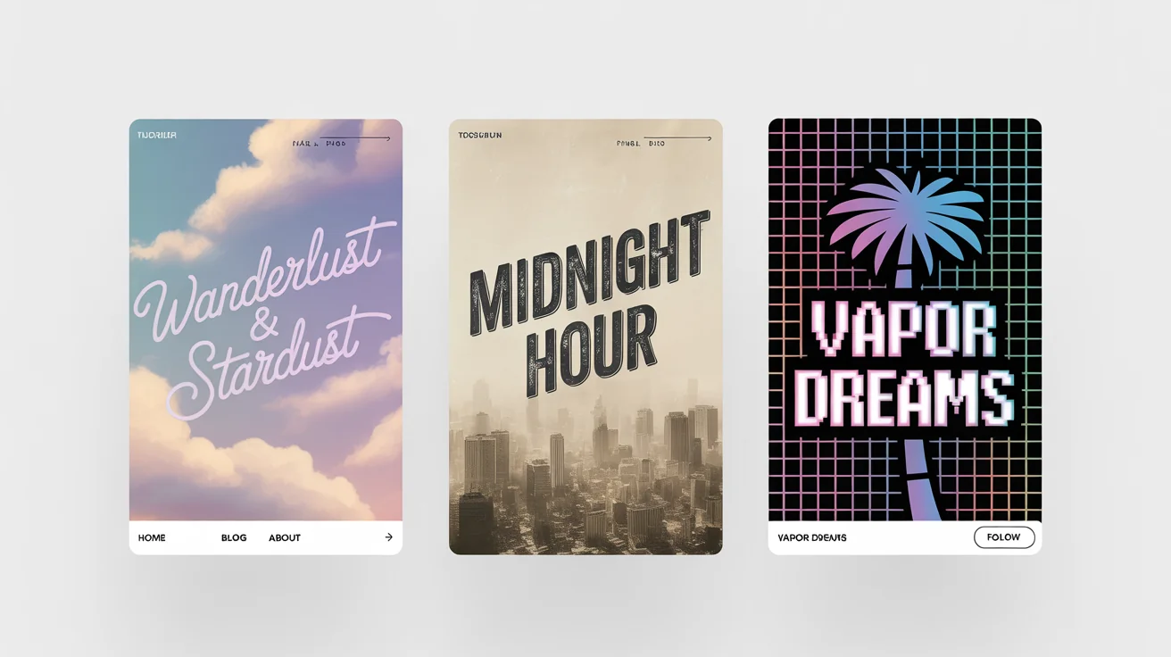A mockup of three different Tumblr banner designs on a white background. One is a dreamy pastel banner saying 'Wanderlust & Stardust', another is a vintage cityscape banner saying 'Midnight Hour', and the third is a retro neon banner with the text 'Vapor Dreams'.