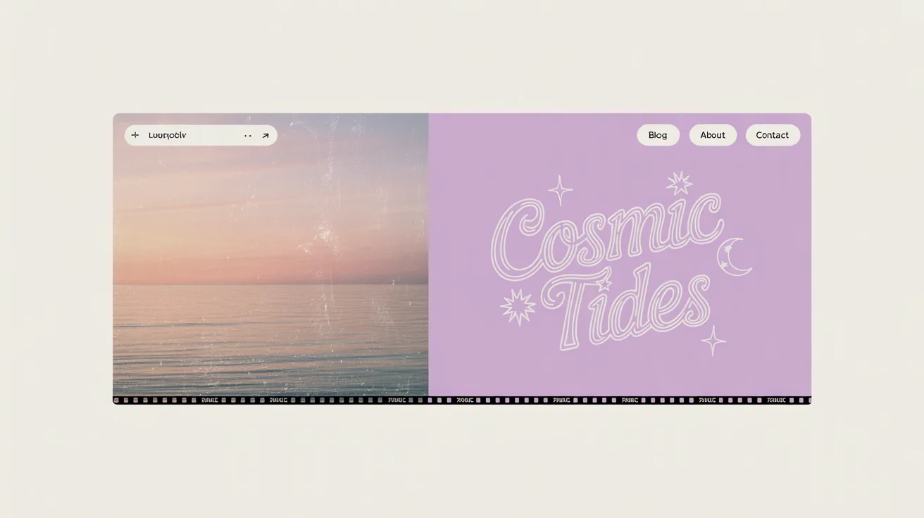 A mockup of a Tumblr banner with a dreamy, cosmic theme, featuring a sunset over the ocean and the text 'Cosmic Tides' on a white background.