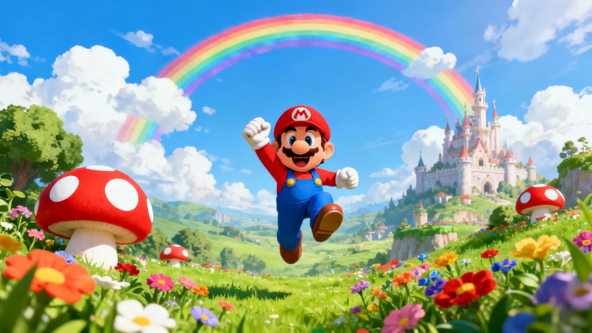 A vibrant 16:9 desktop wallpaper showing Mario from Nintendo jumping joyfully in a green field with large mushrooms, with a rainbow and a castle in the background.
