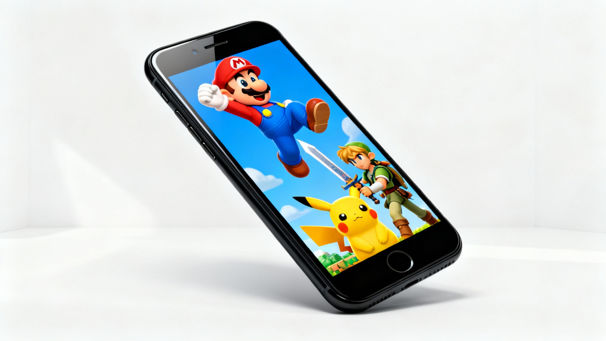 A smartphone mockup displaying a colorful Nintendo wallpaper featuring Mario, Link, and Pikachu, against a clean white background.