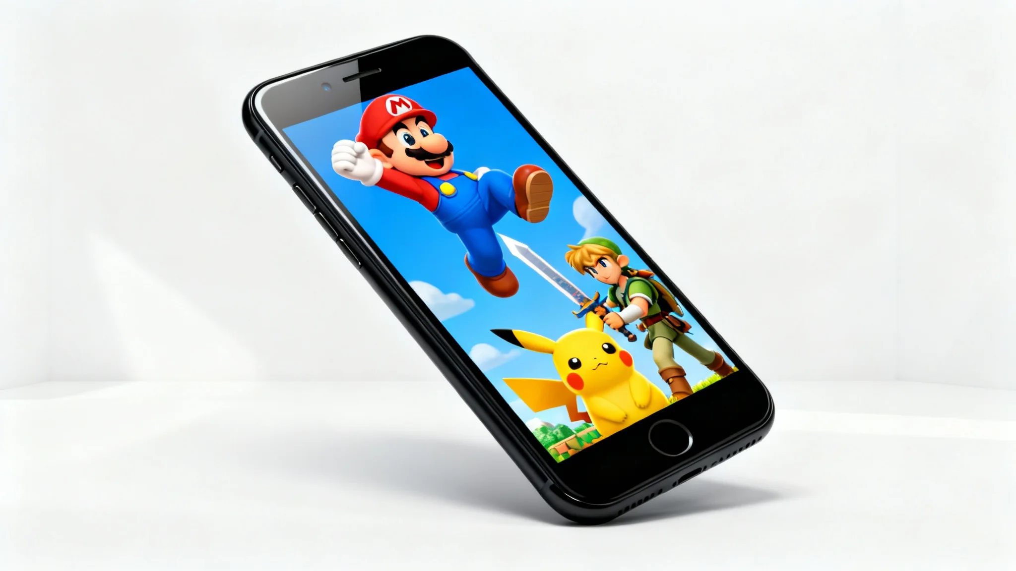 A smartphone mockup displaying a colorful Nintendo wallpaper featuring Mario, Link, and Pikachu, against a clean white background.