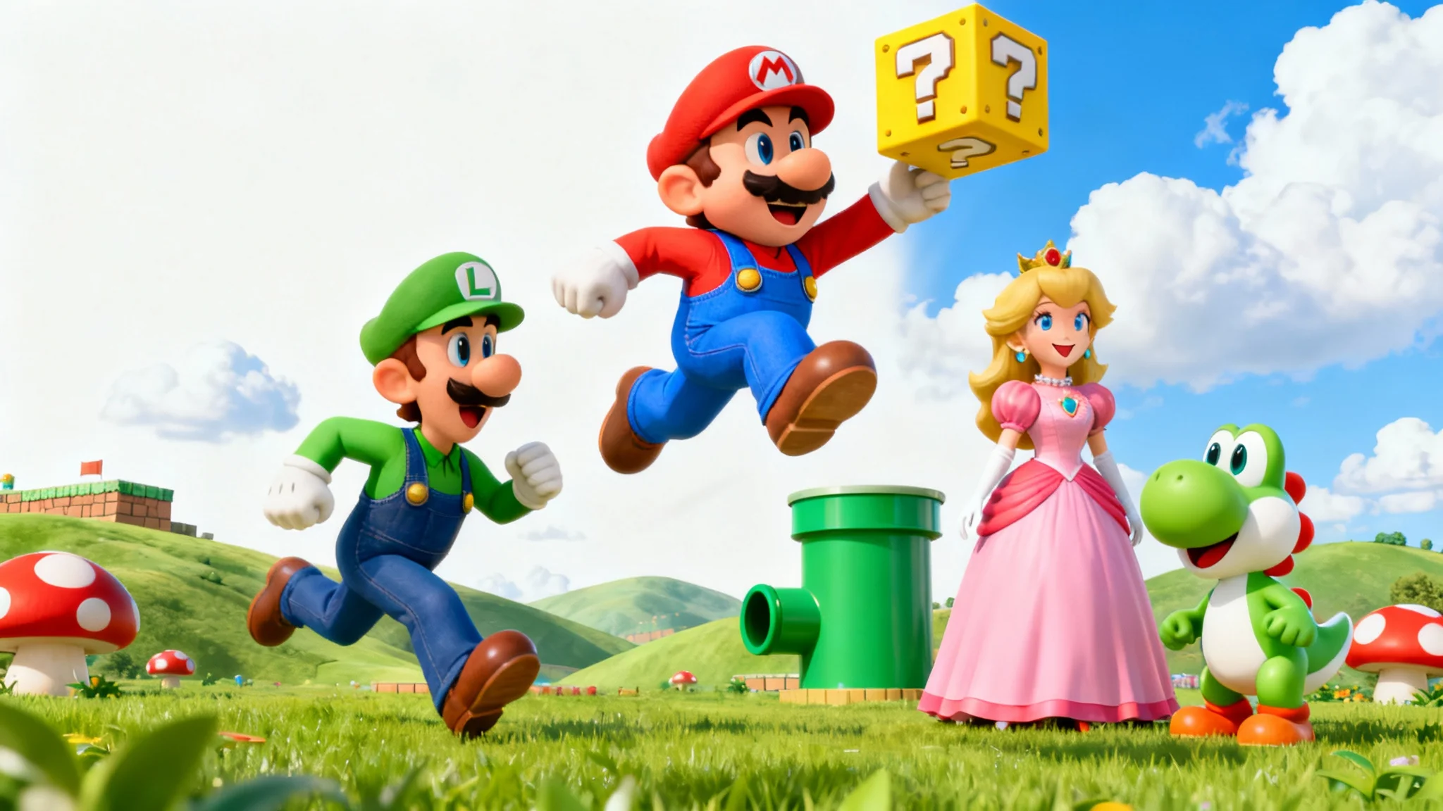A vibrant 3D wallpaper of Nintendo's Super Mario characters, including Mario, Luigi, and Princess Peach, in the Mushroom Kingdom, set against a white background.