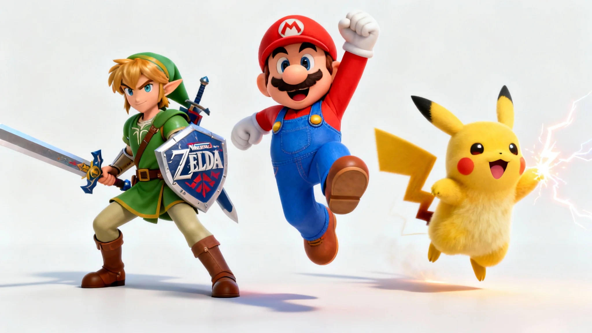 A vibrant digital wallpaper featuring iconic Nintendo characters Mario, Link, and Pikachu posing dynamically against a clean white background.