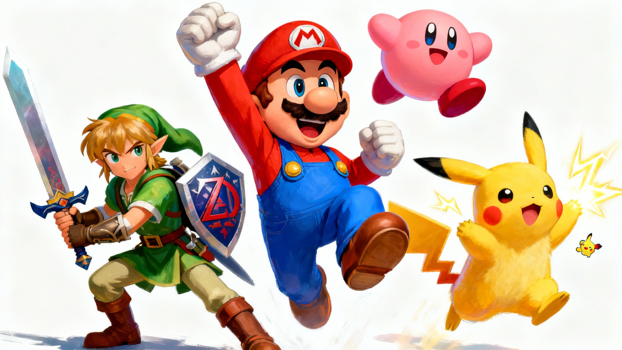 A vibrant Nintendo wallpaper showcasing Mario, Link, Pikachu, and Kirby in dynamic poses against a clean white background, illustrated in a modern, colorful style.