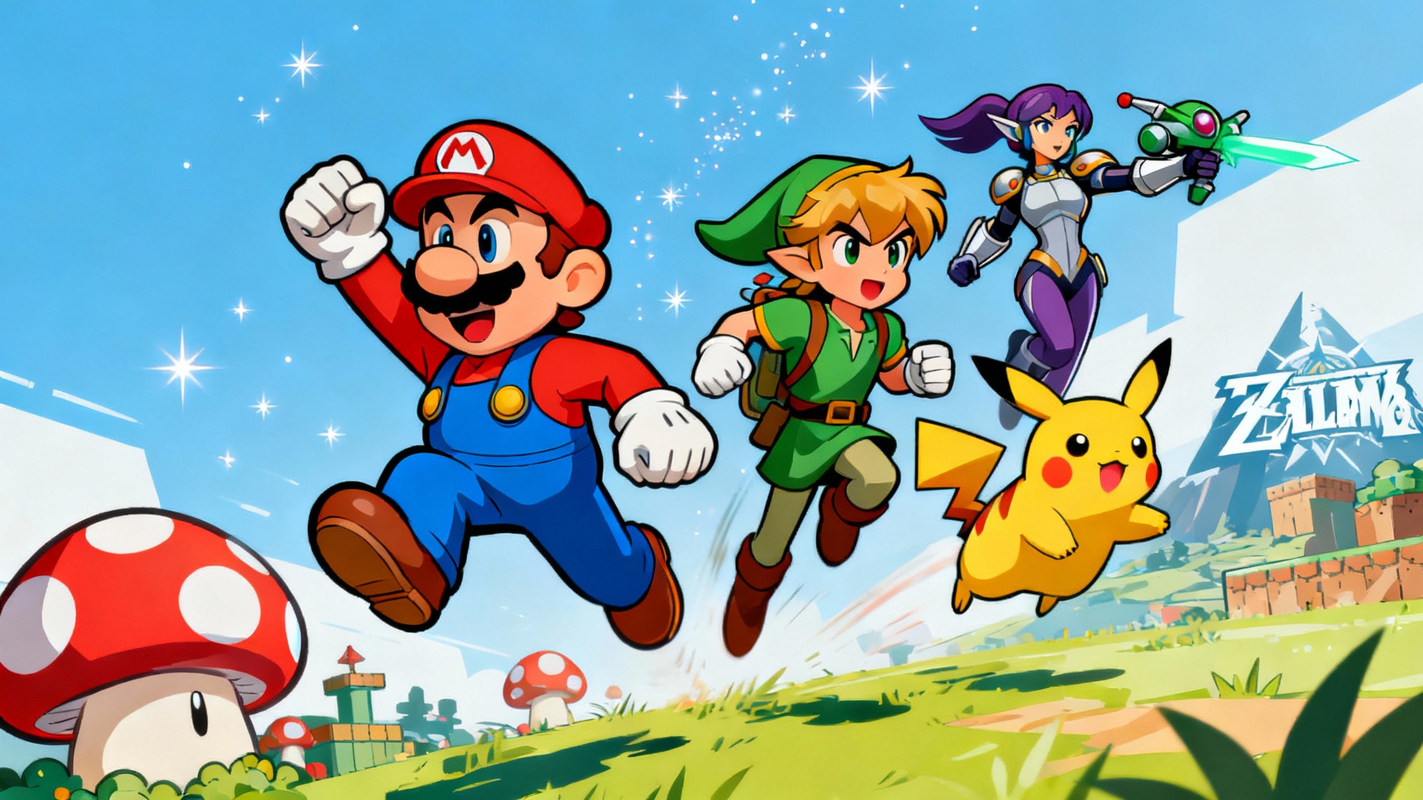 A colorful Nintendo wallpaper featuring Mario, Link, Samus, and Pikachu in dynamic action poses, set against a stylized background of their combined worlds in a clean, cel-shaded art style.