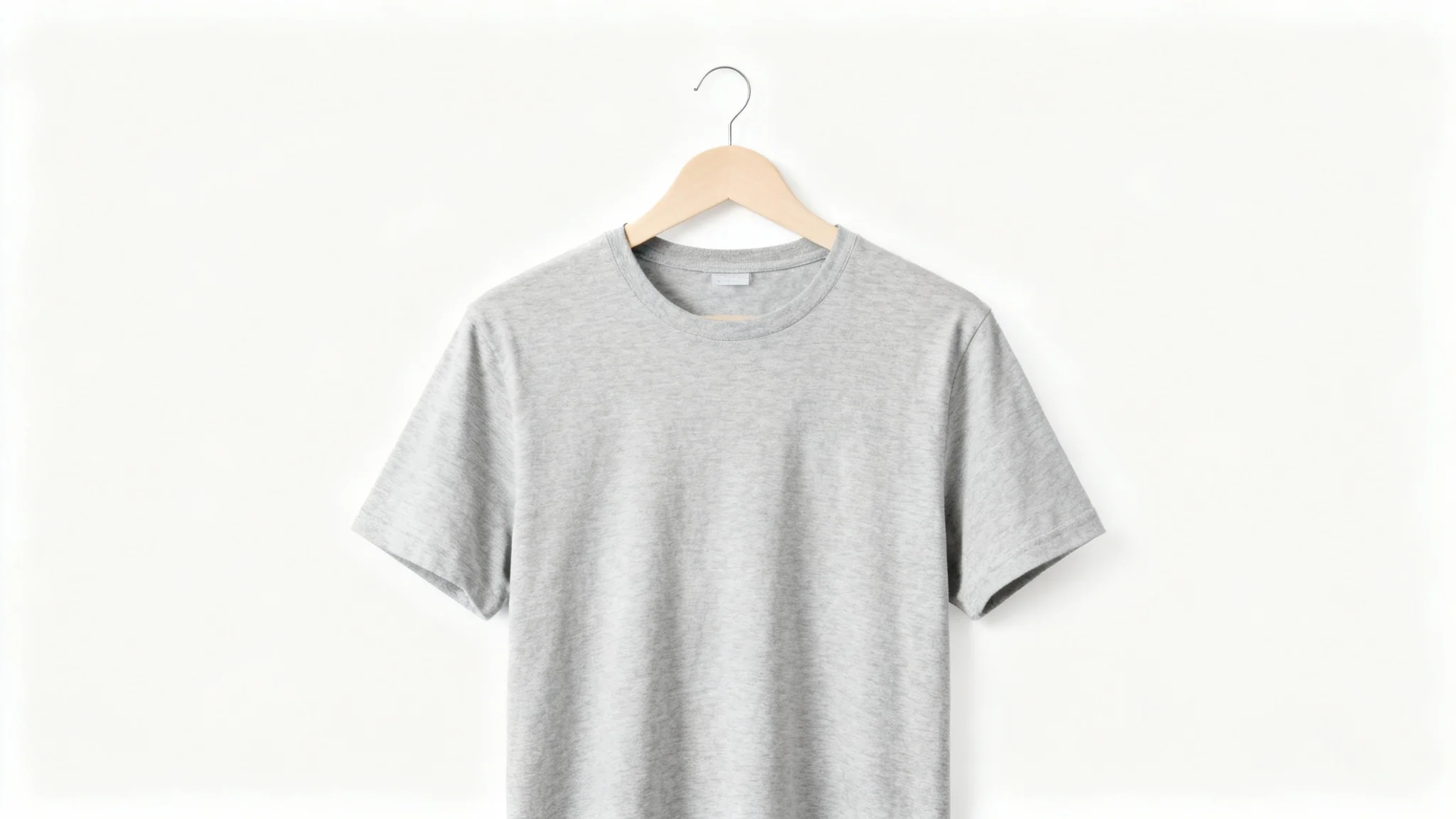 A professional product shot of a light grey t-shirt on a wooden hanger, isolated against a clean white background.