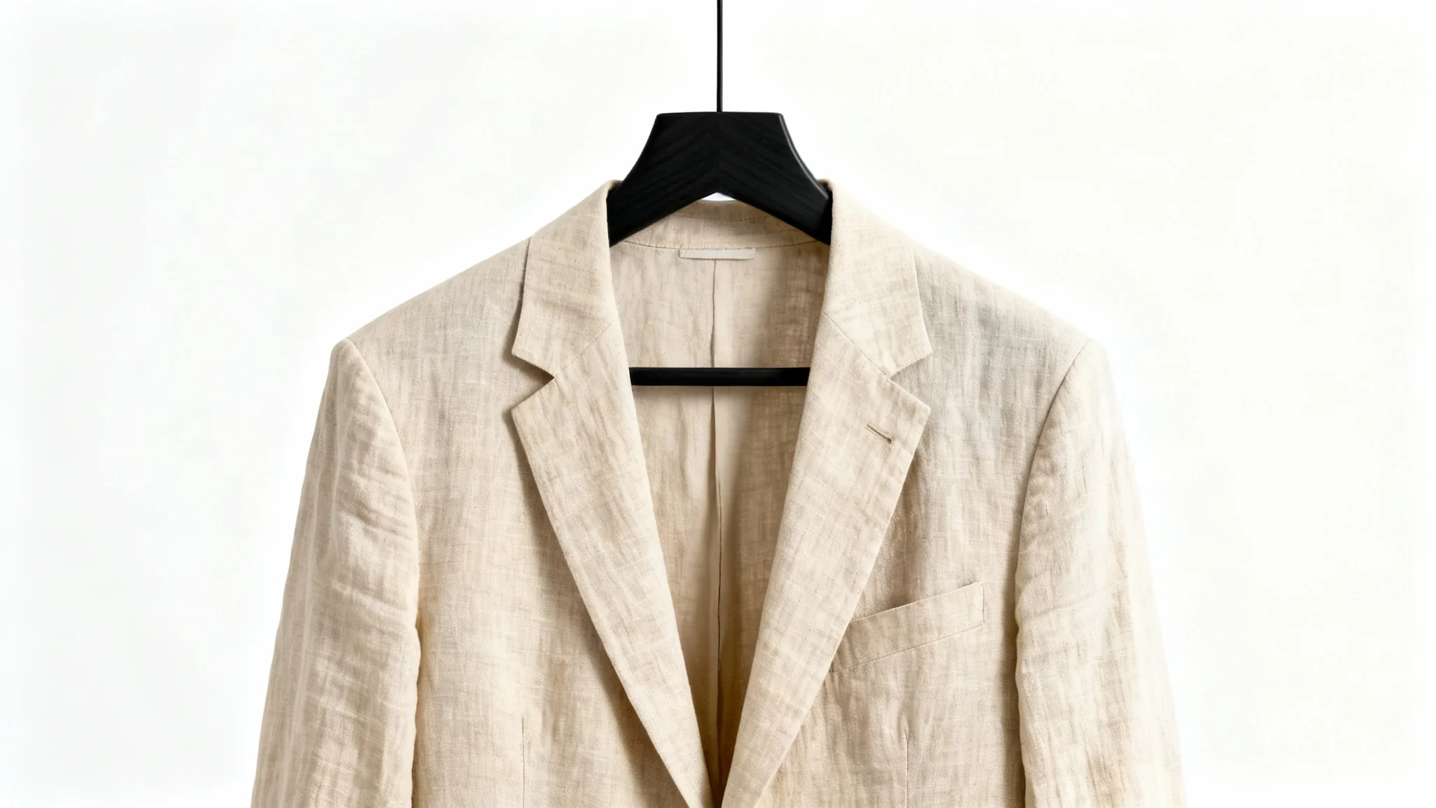 A professional studio photograph of a stylish beige linen blazer on a black wooden hanger, set against a pristine white background for a clean, modern look.