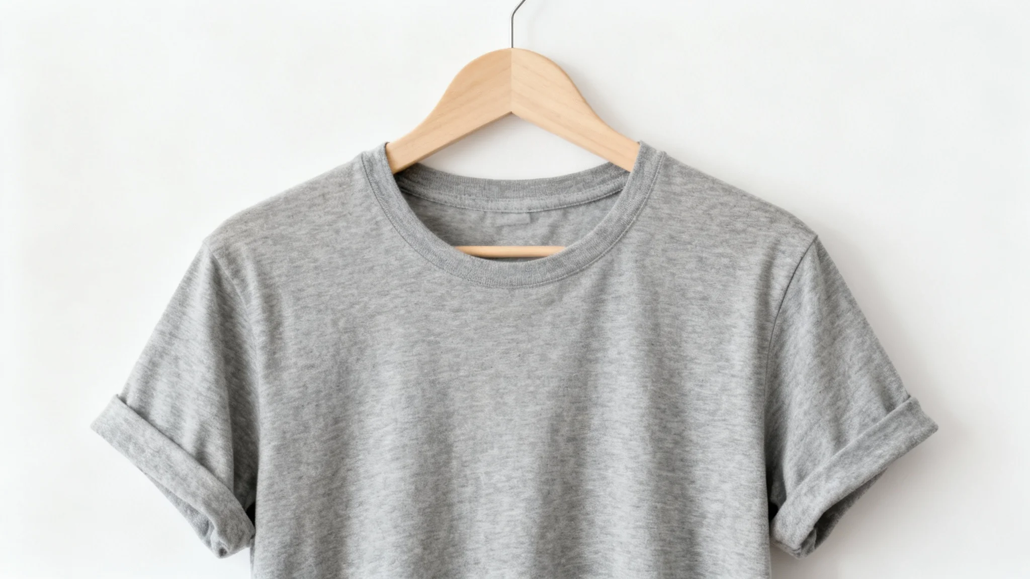 A professional product photograph of a plain heather grey t-shirt hanging on a wooden hanger against a solid white background.