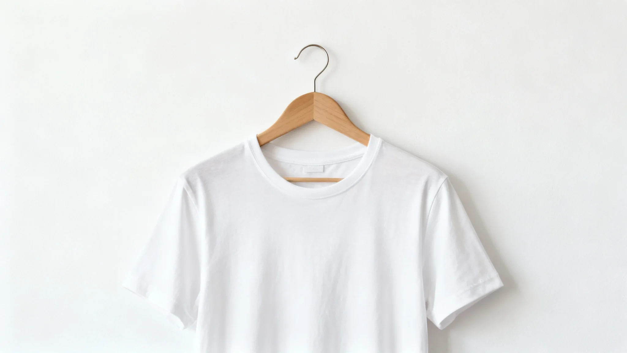 A professional studio photograph of a single t-shirt on a wooden hanger, centered against a plain white background, ready for an e-commerce listing.