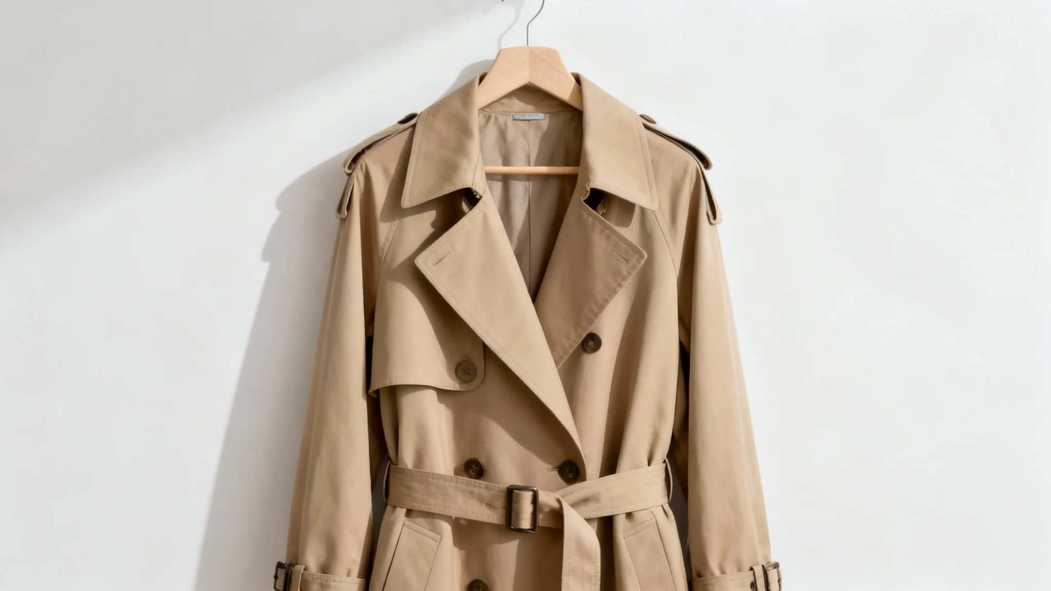 A high-quality product shot of a beige trench coat on a wooden hanger, displayed against a clean, off-white background in a studio setting.