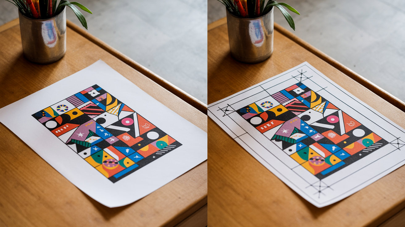 A side-by-side comparison of a flyer design. The left side shows the design at its final size. The right side shows the same design with an added bleed area and crop marks, prepared for professional printing.