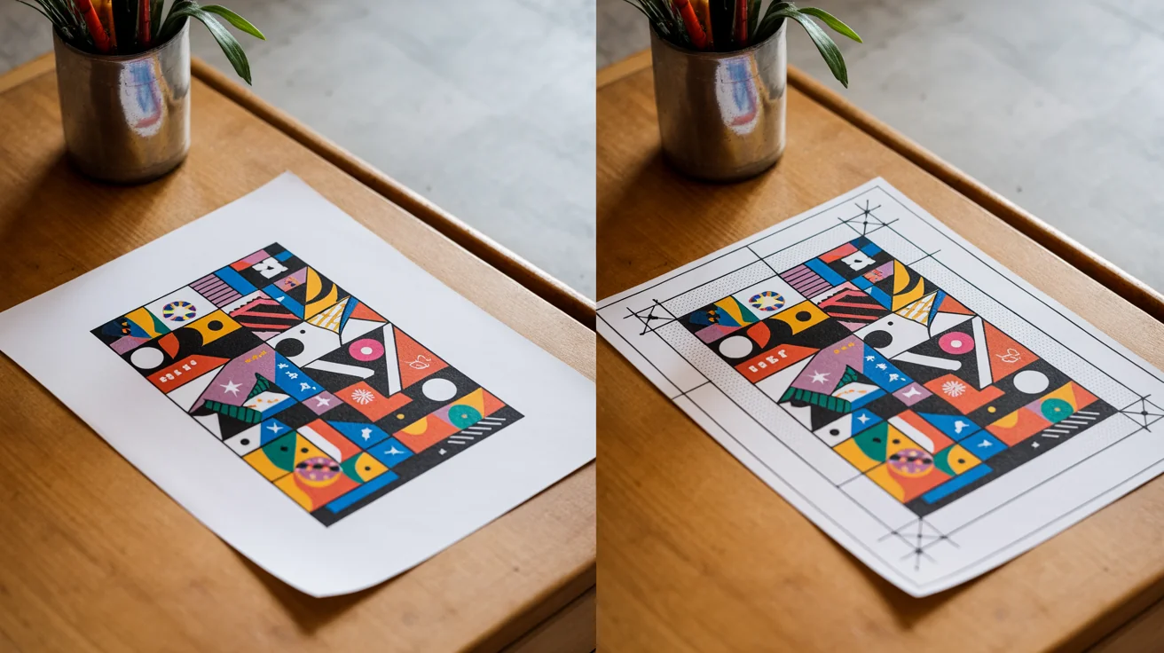 A side-by-side comparison of a flyer design. The left side shows the design at its final size. The right side shows the same design with an added bleed area and crop marks, prepared for professional printing.