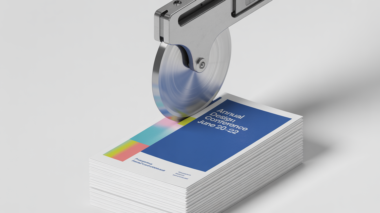 A close-up image showing a stack of flyers being trimmed by a paper cutter, illustrating the concept of a print bleed where the design extends past the cut line.